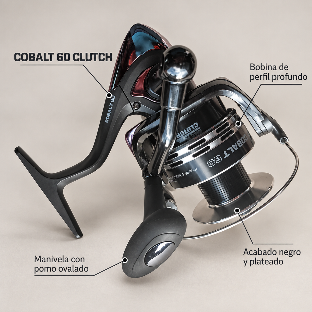 Detalles visibles del carrete Cobalt 60 Clutch: bobina, manivela y acabado