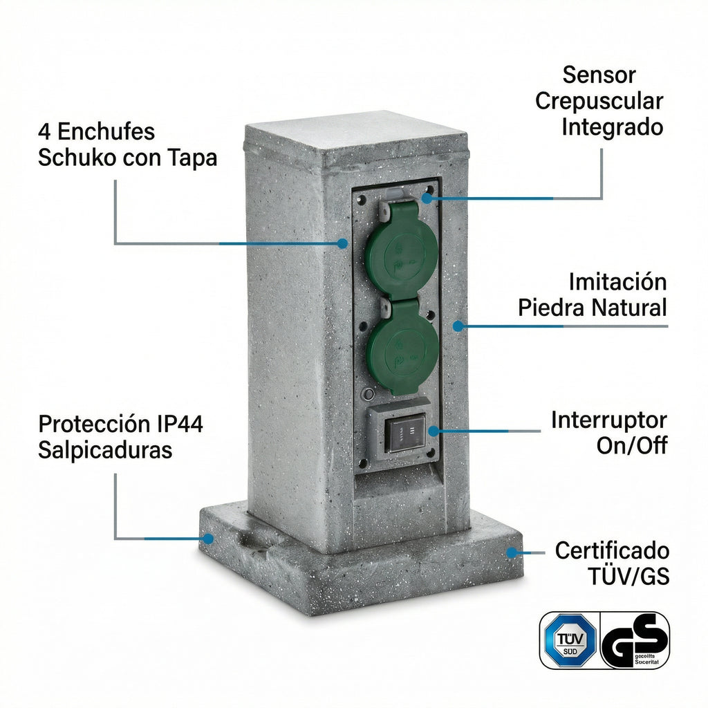 Columna Enchufe Exterior Imitación Piedra 4 Tomas con Sensor Crepuscular IP44 | Workzone