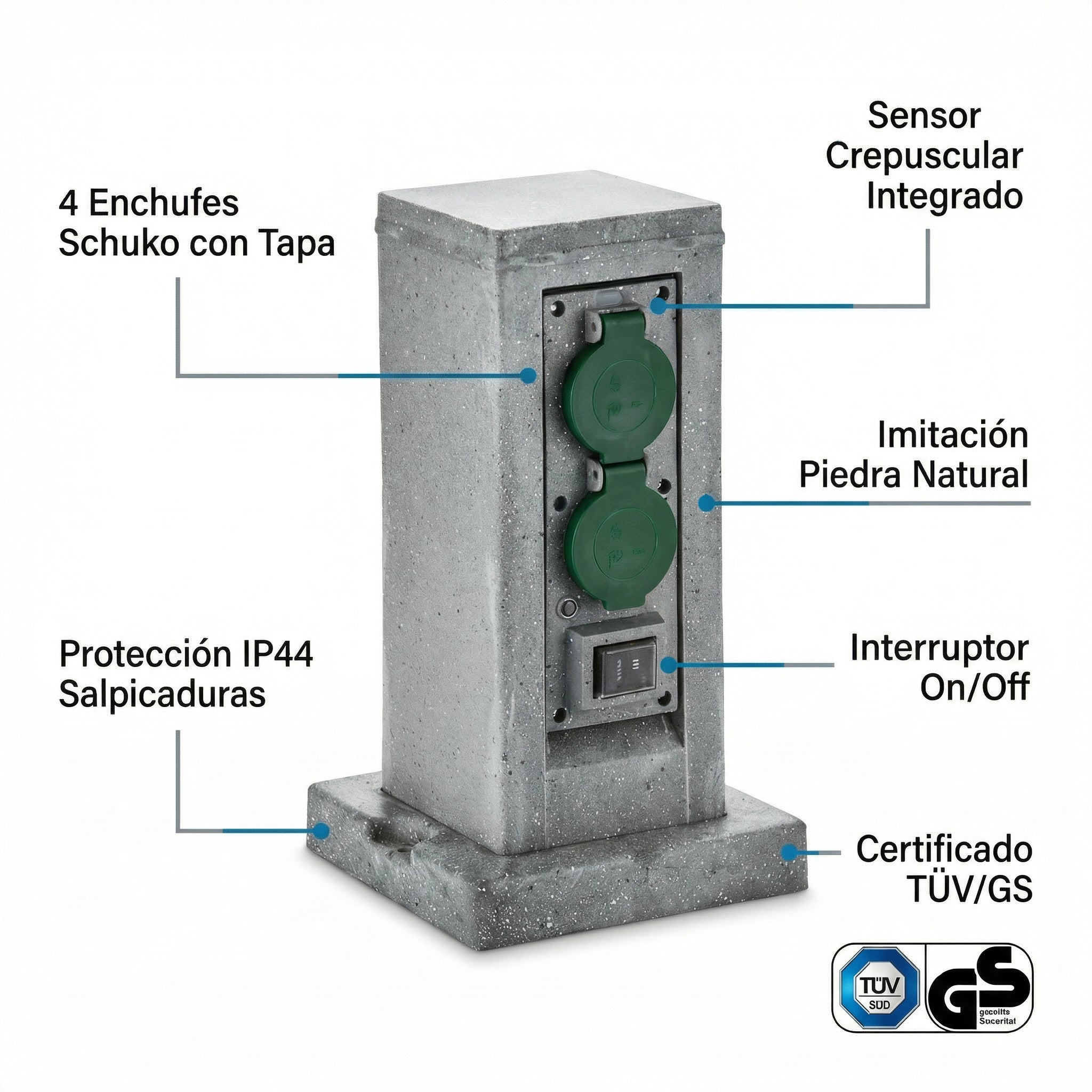 Columna Enchufe Exterior Imitación Piedra 4 Tomas con Sensor Crepuscular IP44 | Workzone