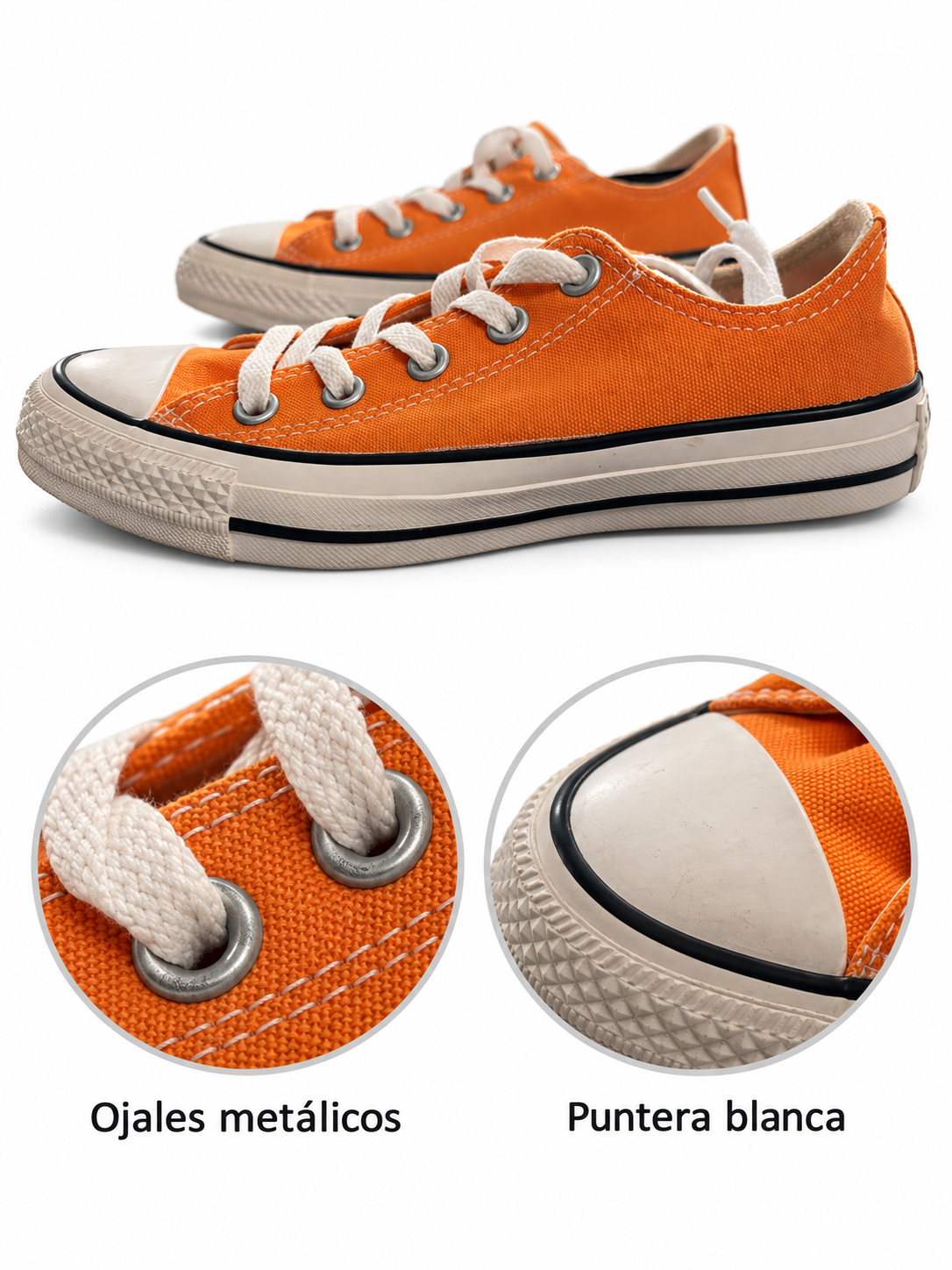 Converse Chuck Taylor All Star bajas naranjas talla 36 — ojales metálicos y puntera blanca