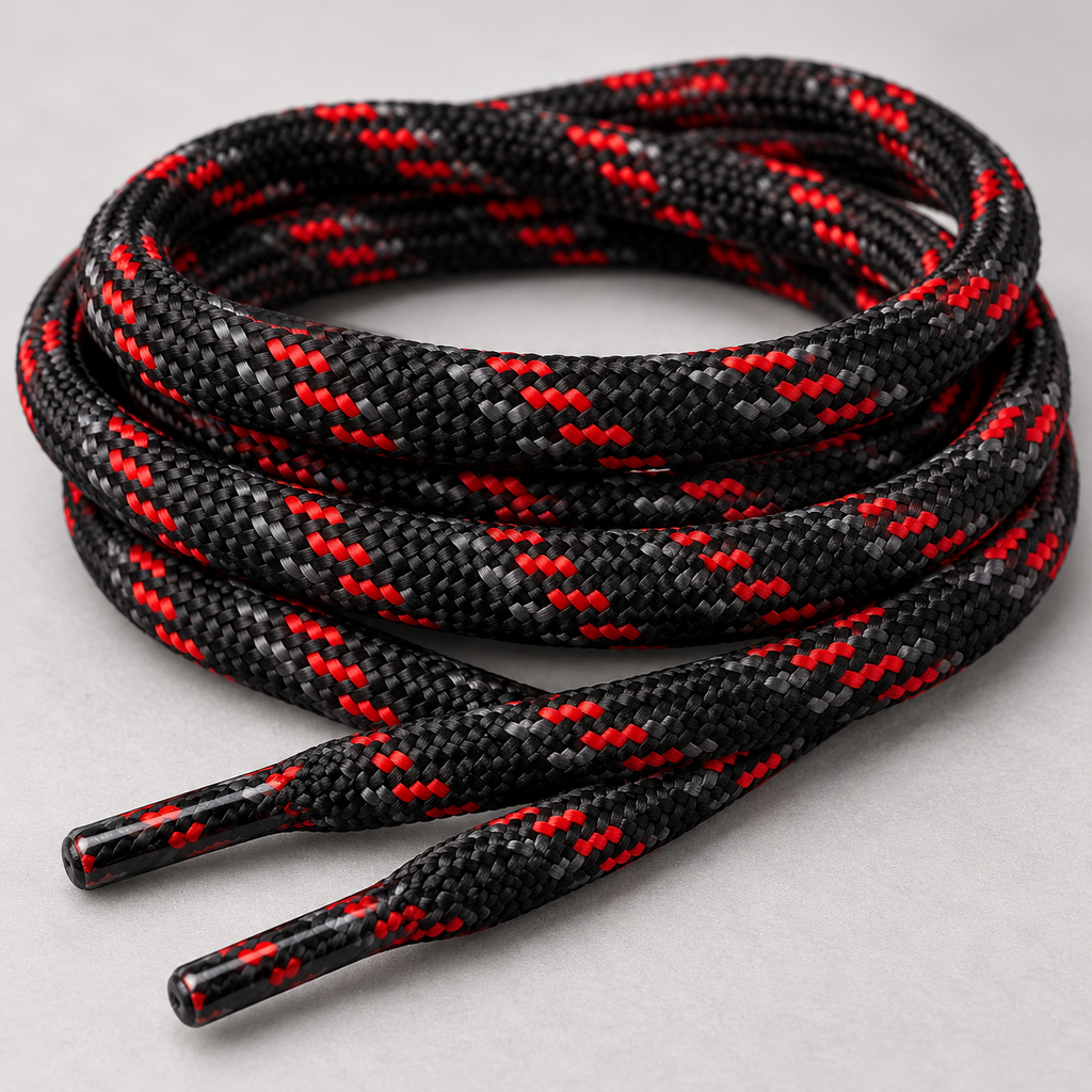 Detalle del trenzado de los cordones Chiruca negros, rojos y grises