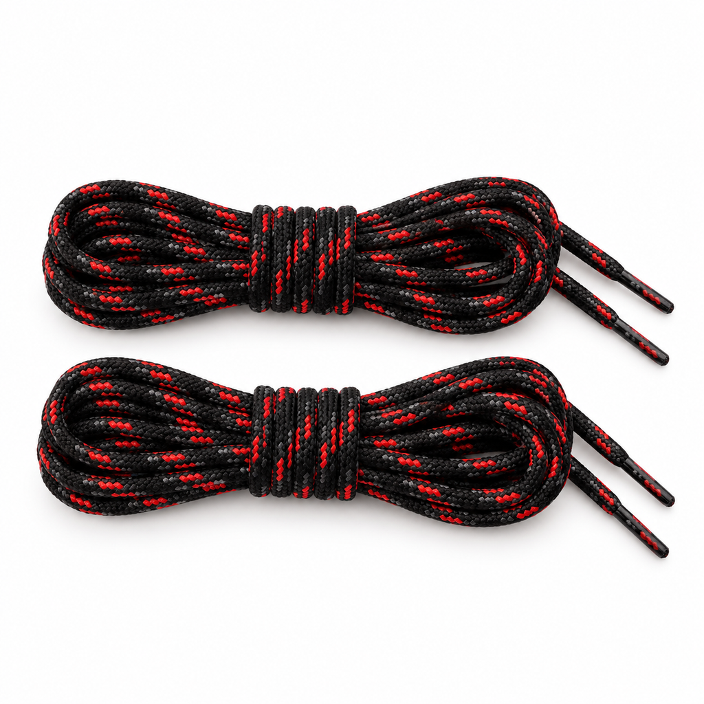 Cordones Chiruca de 160 cm negros con detalles rojos y grises sobre fondo blanco