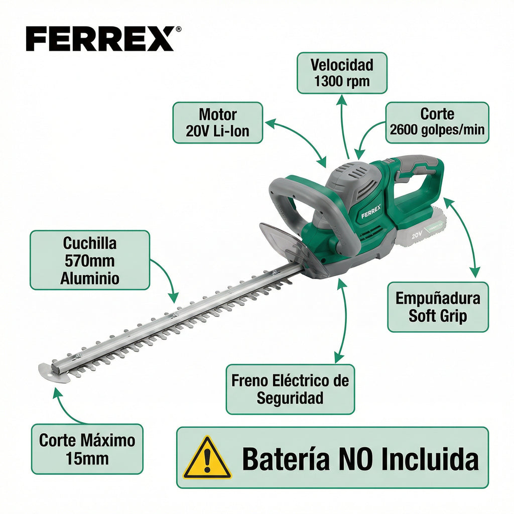Cortasetos a Batería 20V Cuchilla 570mm Freno Eléctrico | Ferrex