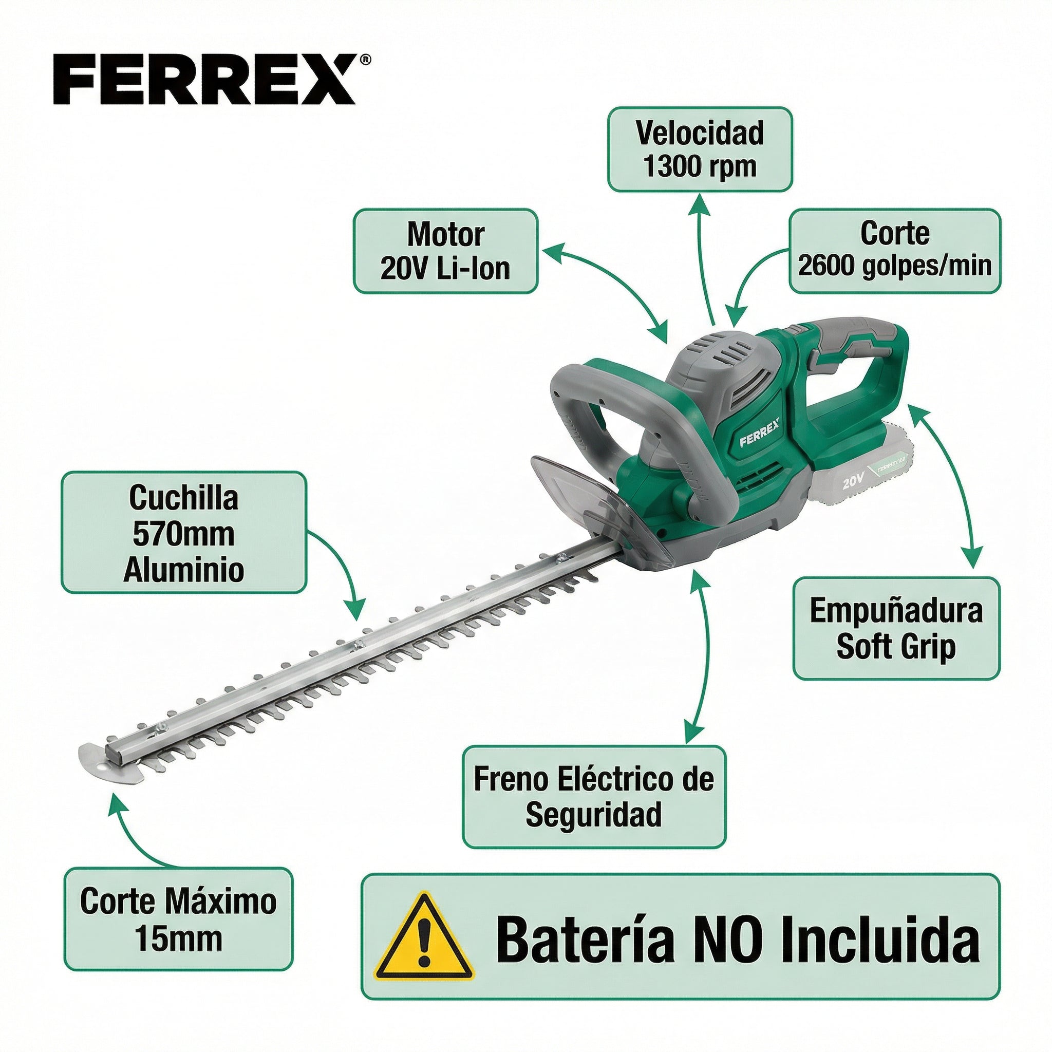 Cortasetos a Batería 20V Cuchilla 570mm Freno Eléctrico | Ferrex