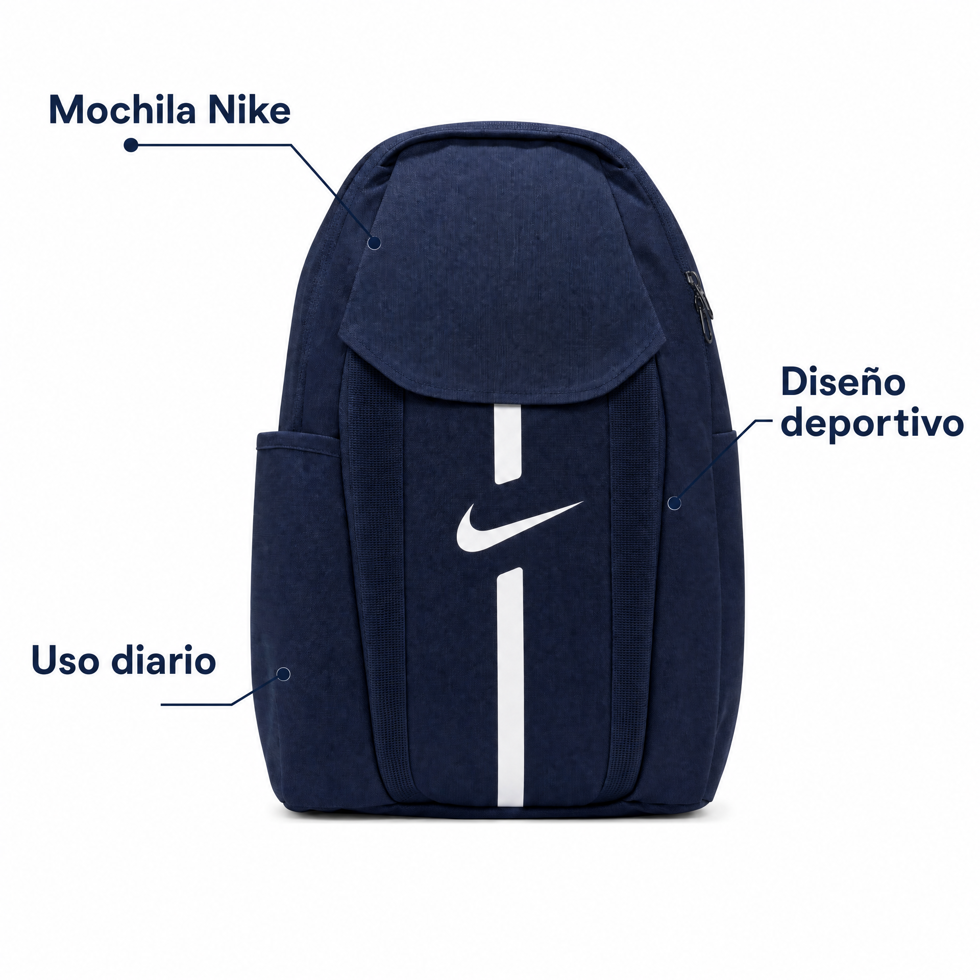 Mochila Nike azul marino con logotipo visible y compartimento principal
