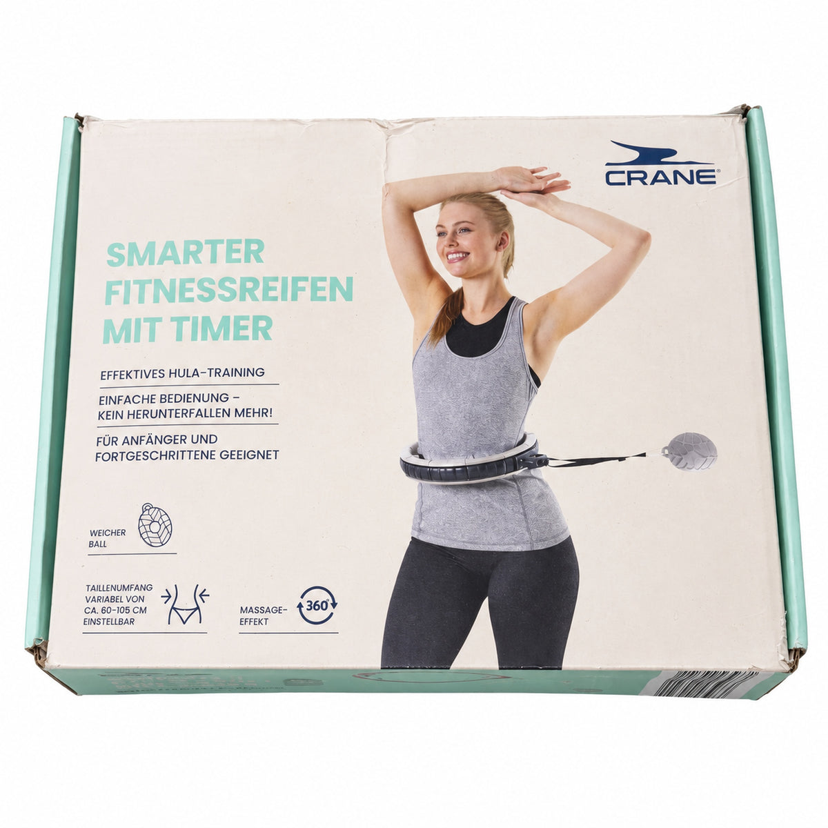 Caja CRANE de aro de fitness gris con temporizador; desgaste visible en el embalaje