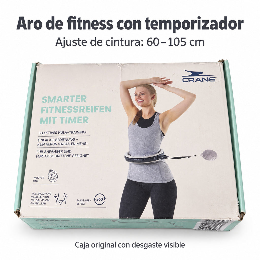 Caja CRANE de aro de fitness gris con temporizador; desgaste visible en el embalaje