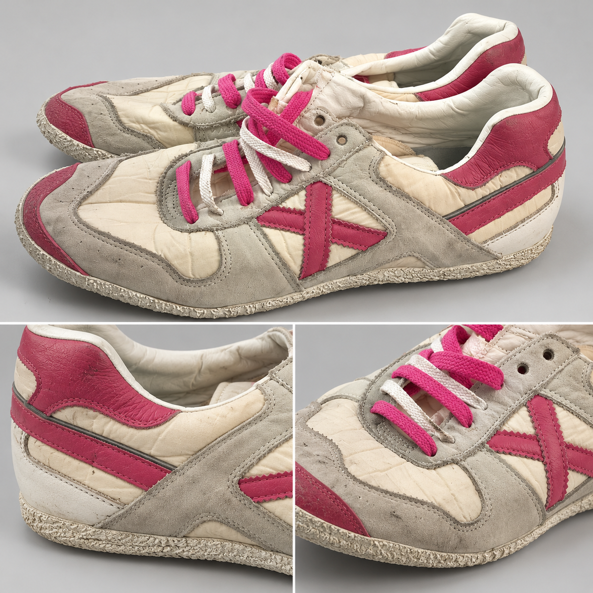 Zapatillas Munich crema y grises con X rosa y borde texturizado · Talla 45 - detalle de diseño y estado