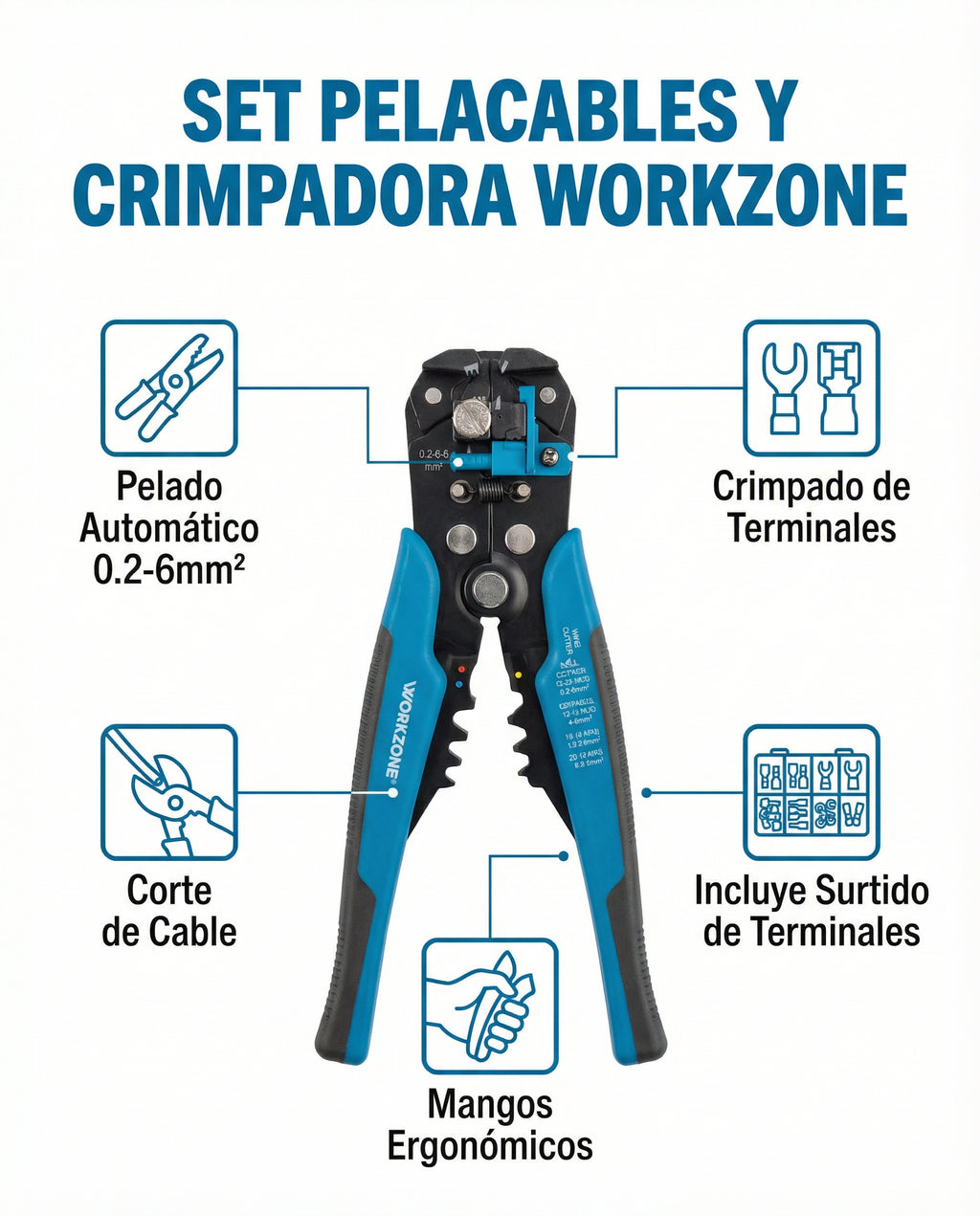 Set Pelacables y Crimpadora Automática con Terminales | Workzone