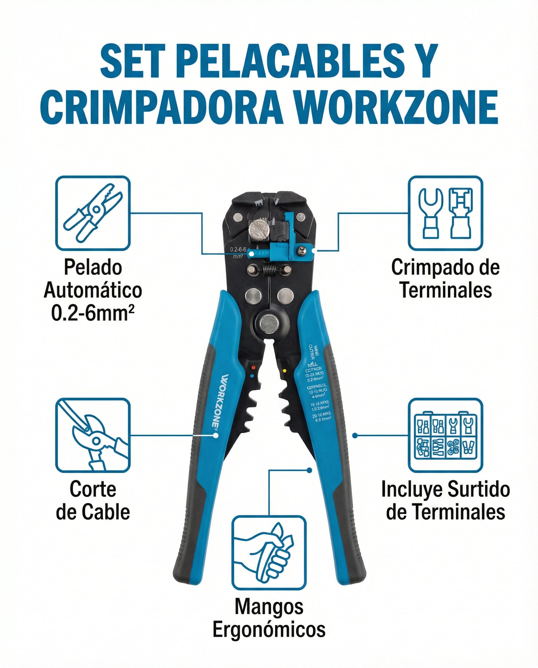 Set Pelacables y Crimpadora Automática con Terminales | Workzone
