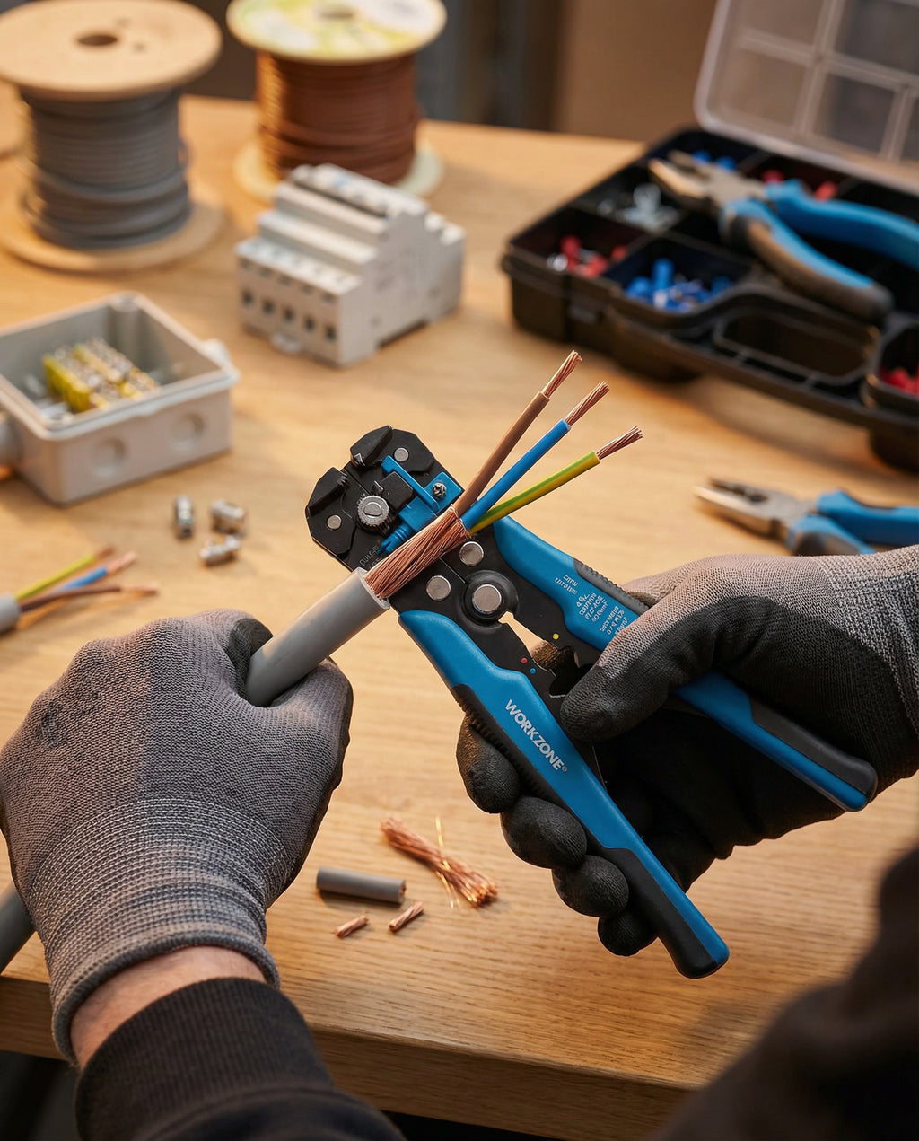 Set Pelacables y Crimpadora Automática con Terminales | Workzone
