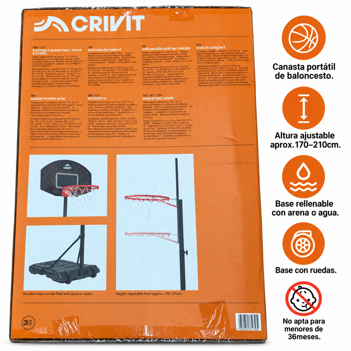Características de canasta CRIVIT regulable de 170 a 210 cm con base rellenable