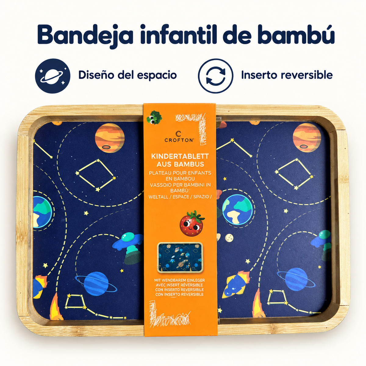 Características de la bandeja Crofton del espacio: bambú e inserto reversible
