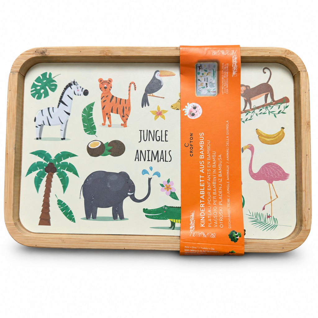 Bandeja infantil Crofton Jungle Animals de bambú con su faja original sobre fondo blanco