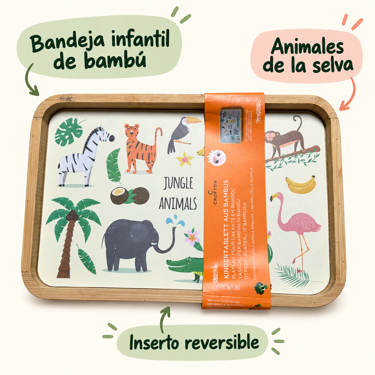 Características de la bandeja Crofton: bambú, animales de la selva e inserto reversible