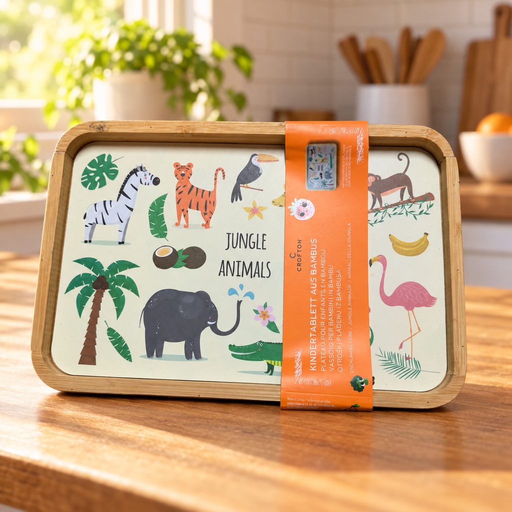 Bandeja infantil Crofton Jungle Animals con su faja original en una cocina