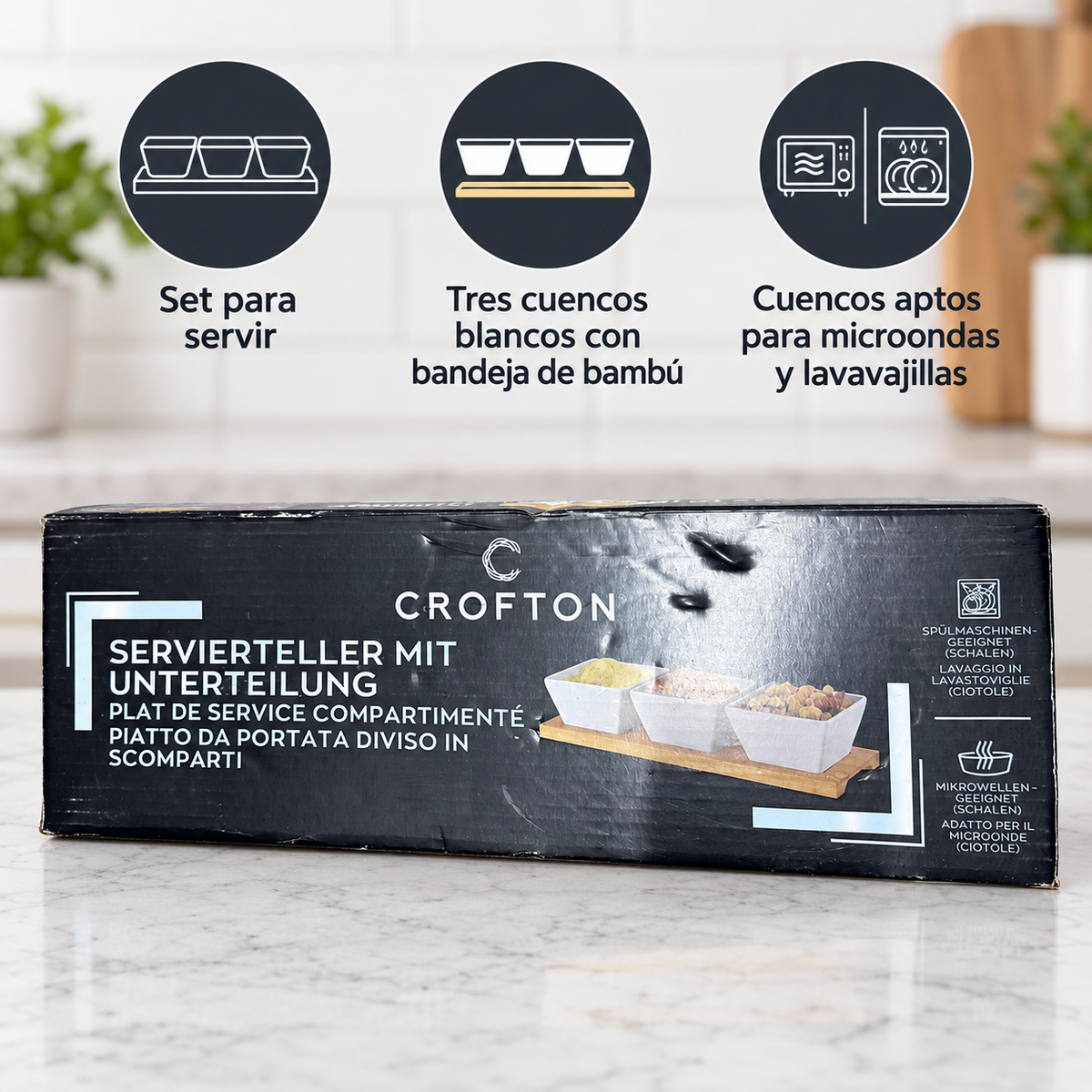 Características del conjunto CROFTON: tres cuencos blancos y bandeja de bambú