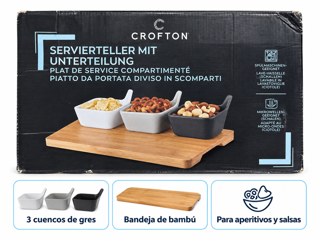 Crofton set de 3 cuencos de gres con bandeja de bambú · características