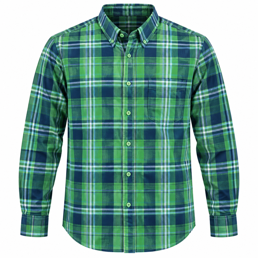 Camisa de cuadros verde y azul talla 41 sobre fondo blanco