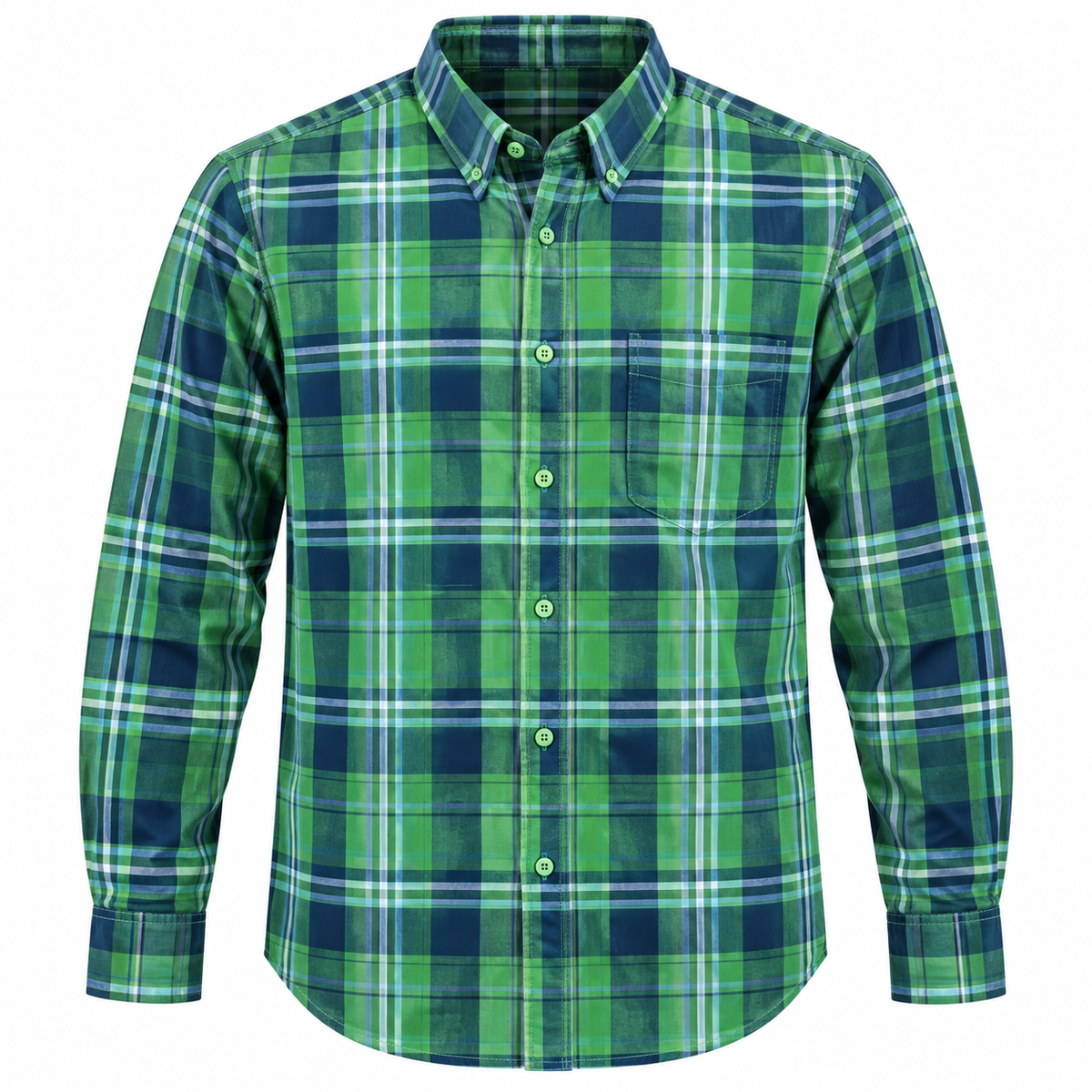 Camisa de cuadros verde y azul talla 41 sobre fondo blanco