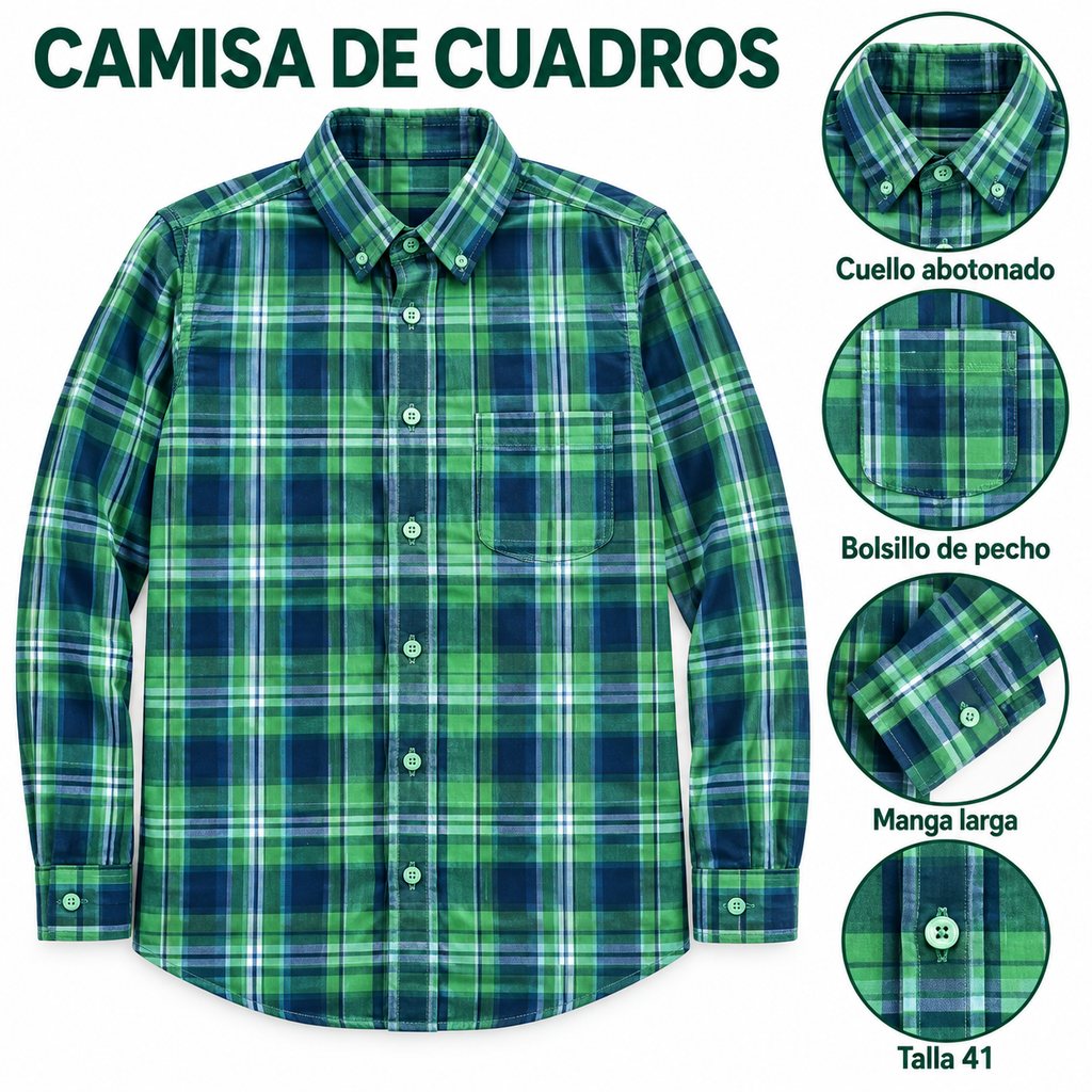 Camisa de cuadros talla 41: manga larga, cuello abotonado y bolsillo de pecho