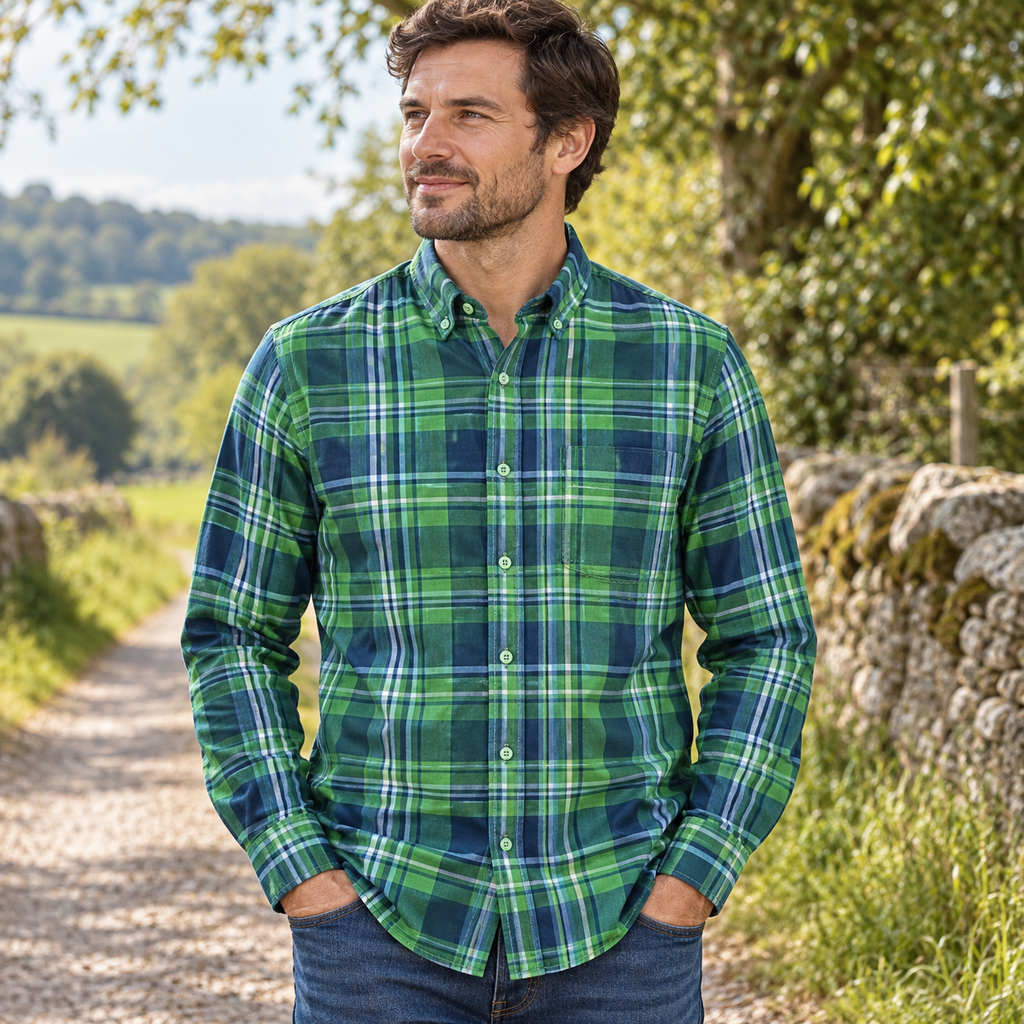 Camisa de cuadros verde y azul en uso al aire libre