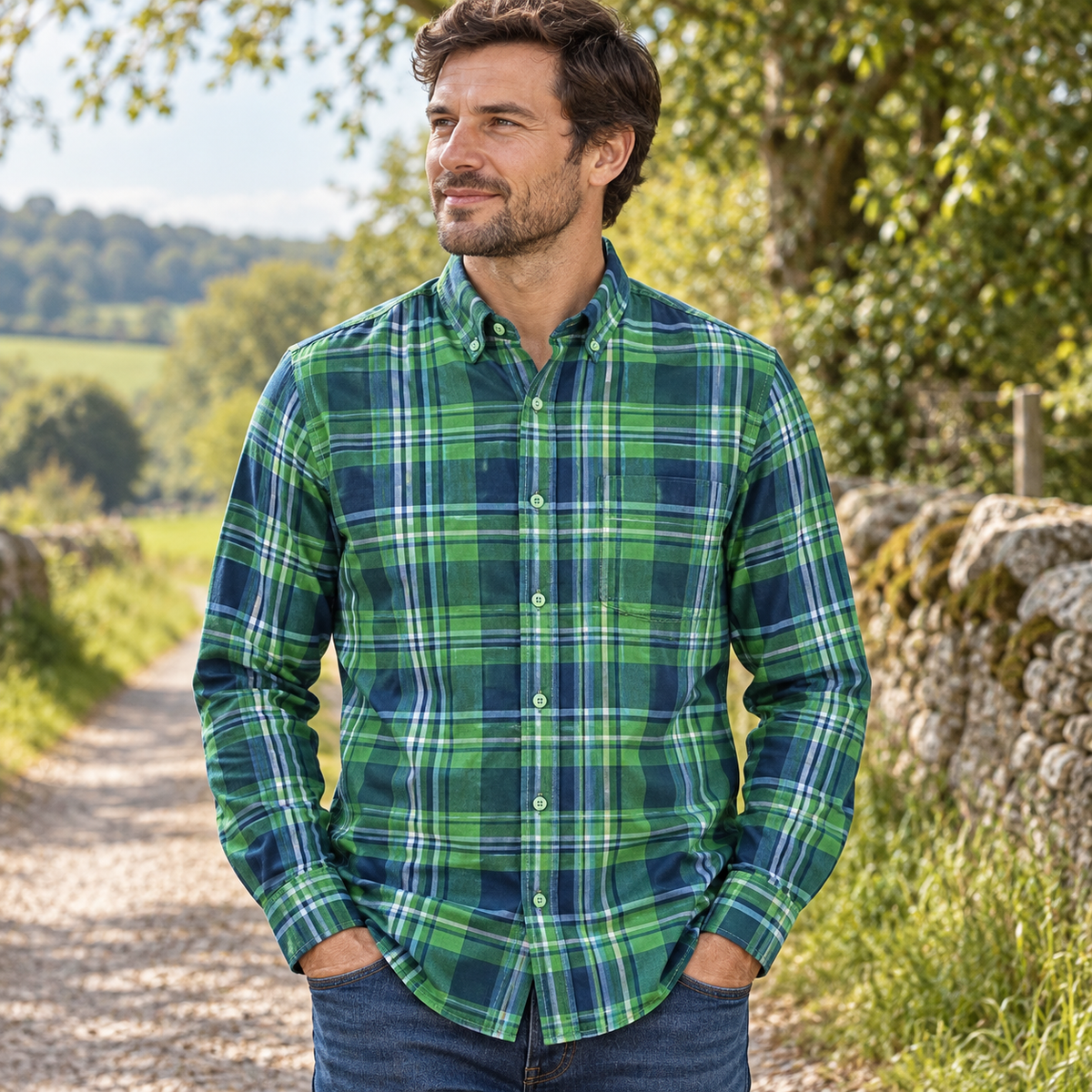 Camisa de cuadros verde y azul en uso al aire libre