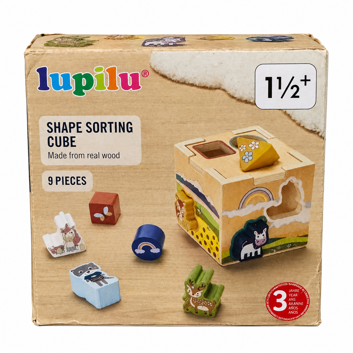 Caja Lupilu cubo de formas de madera de nueve piezas sobre fondo blanco
