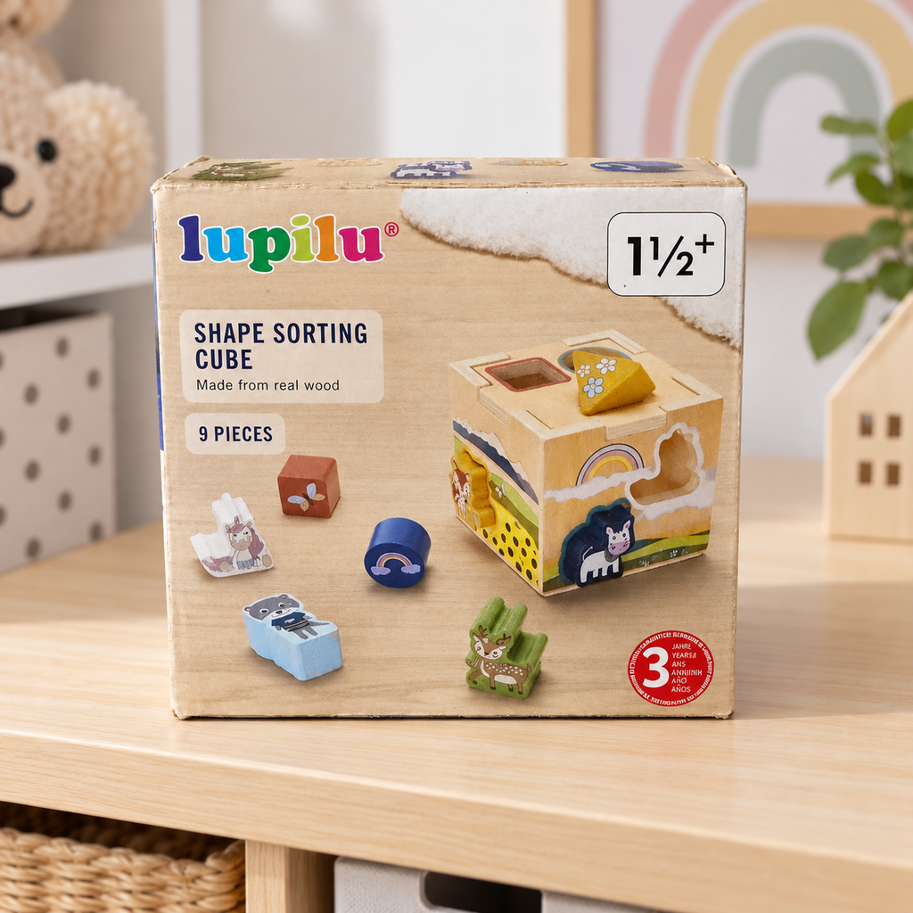 Caja original del cubo de formas Lupilu en habitación infantil