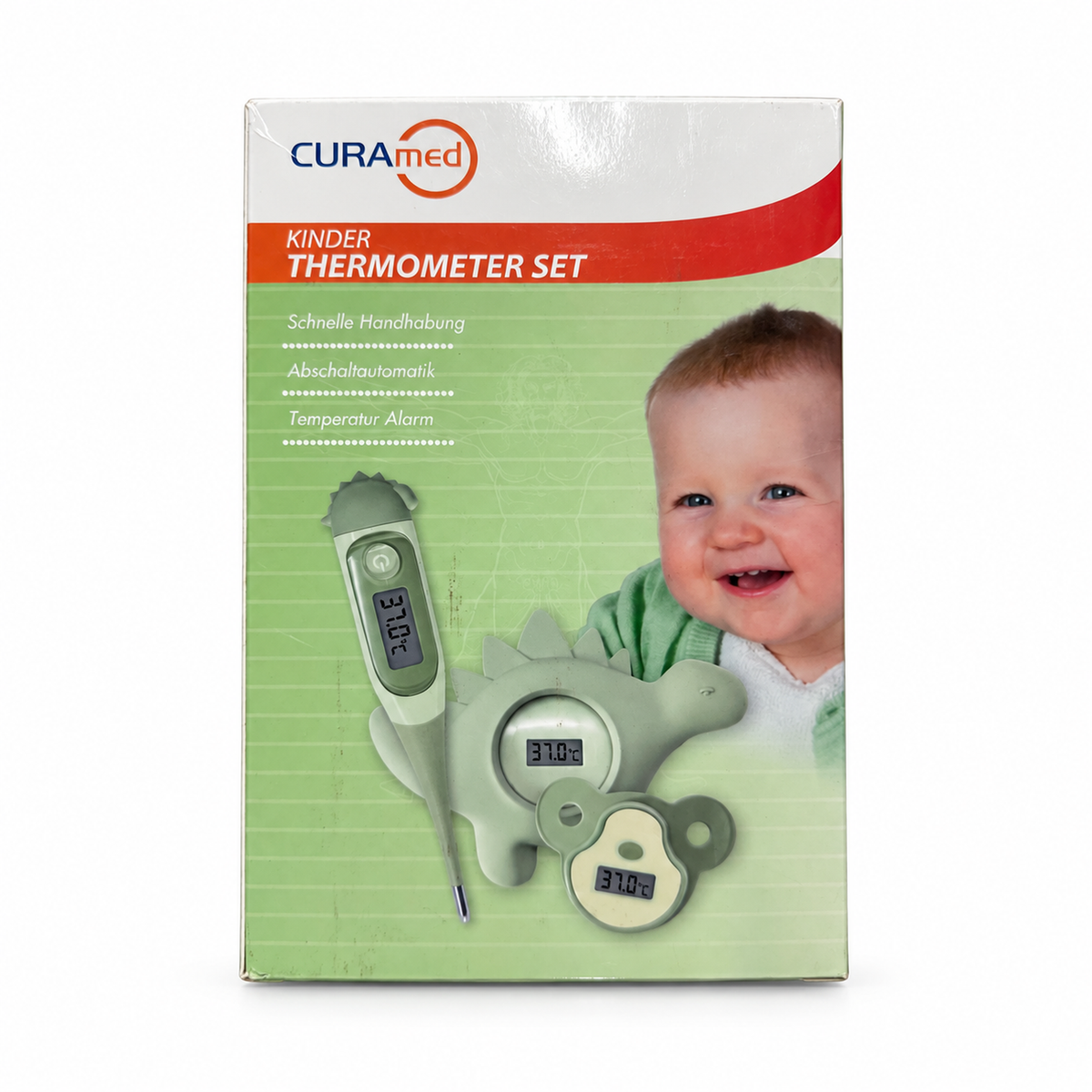 Caja del set CURAmed verde de tres termómetros infantiles