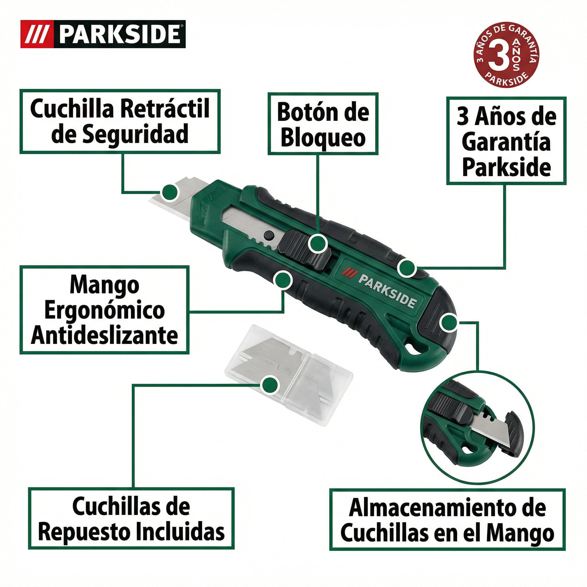 Cúter de Seguridad con Cuchilla Retráctil y Repuestos | Parkside