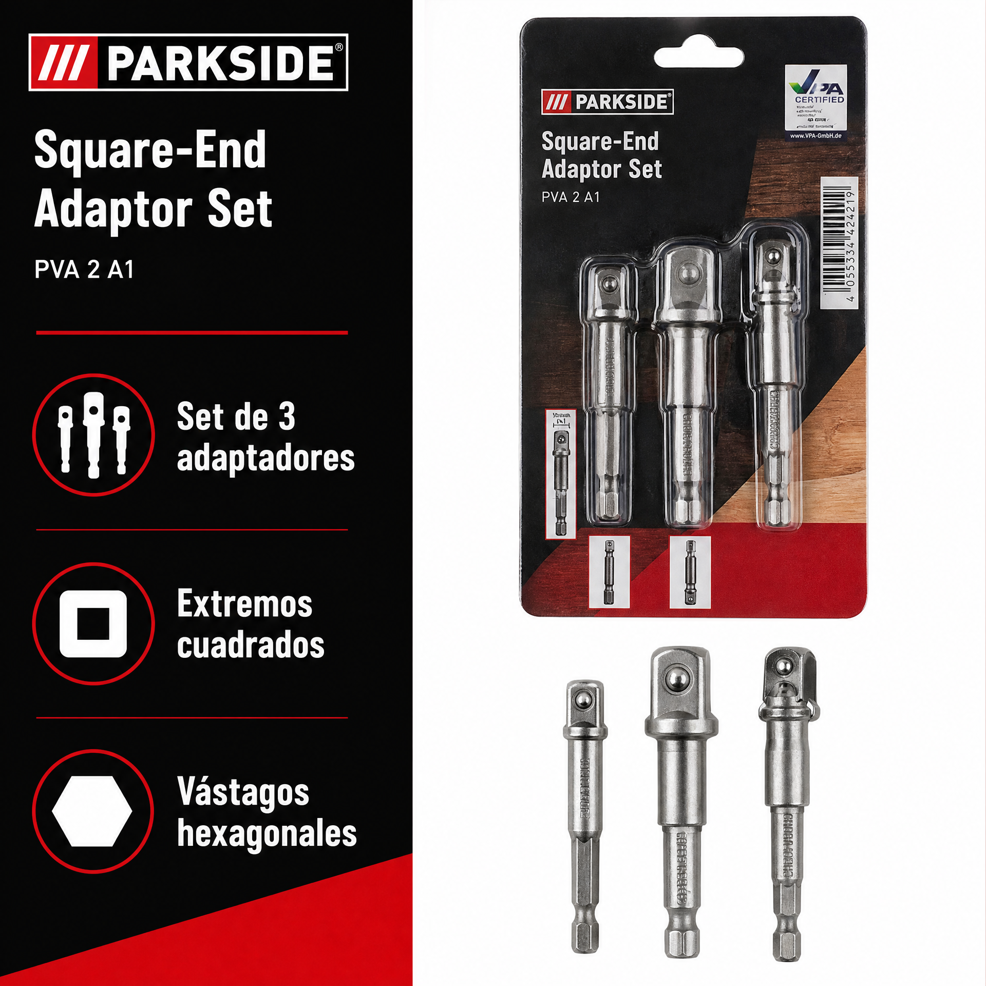 Parkside set de adaptadores con extremos cuadrados y vástagos hexagonales (3 piezas)