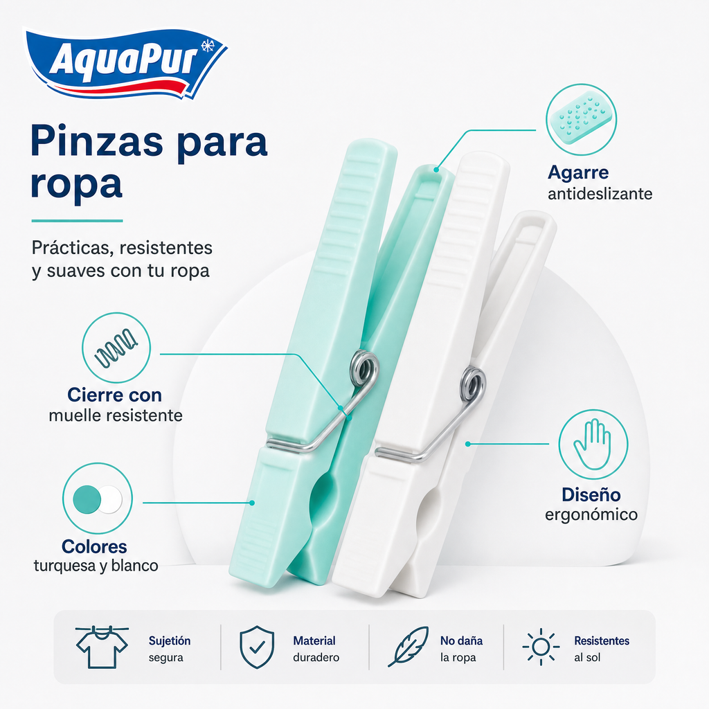 Aquapur pinzas para ropa en bolsa — colores turquesa y blanco