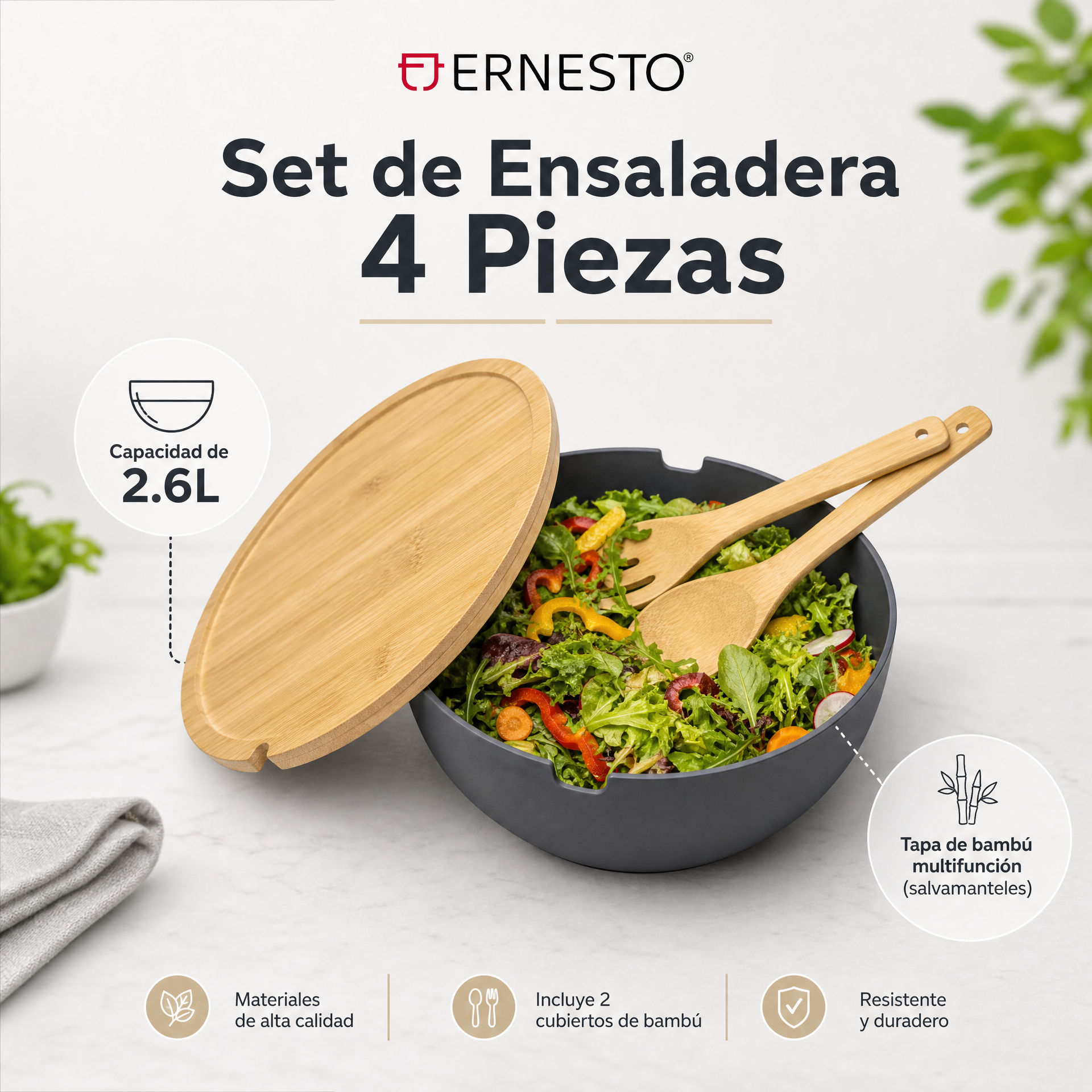 Ernesto Set de Ensaladera con Tapa de Bambú y Cubiertos