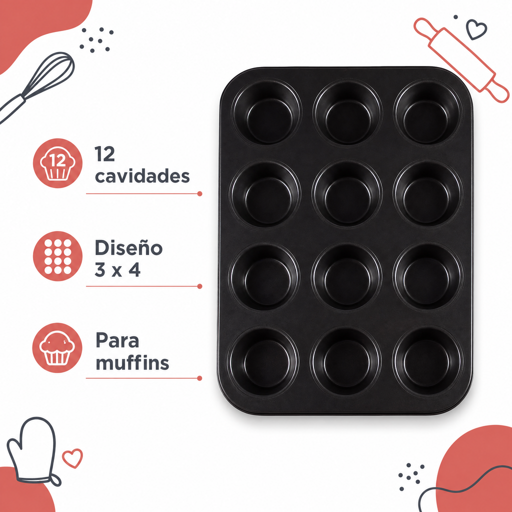 Molde negro de 12 cavidades para muffins