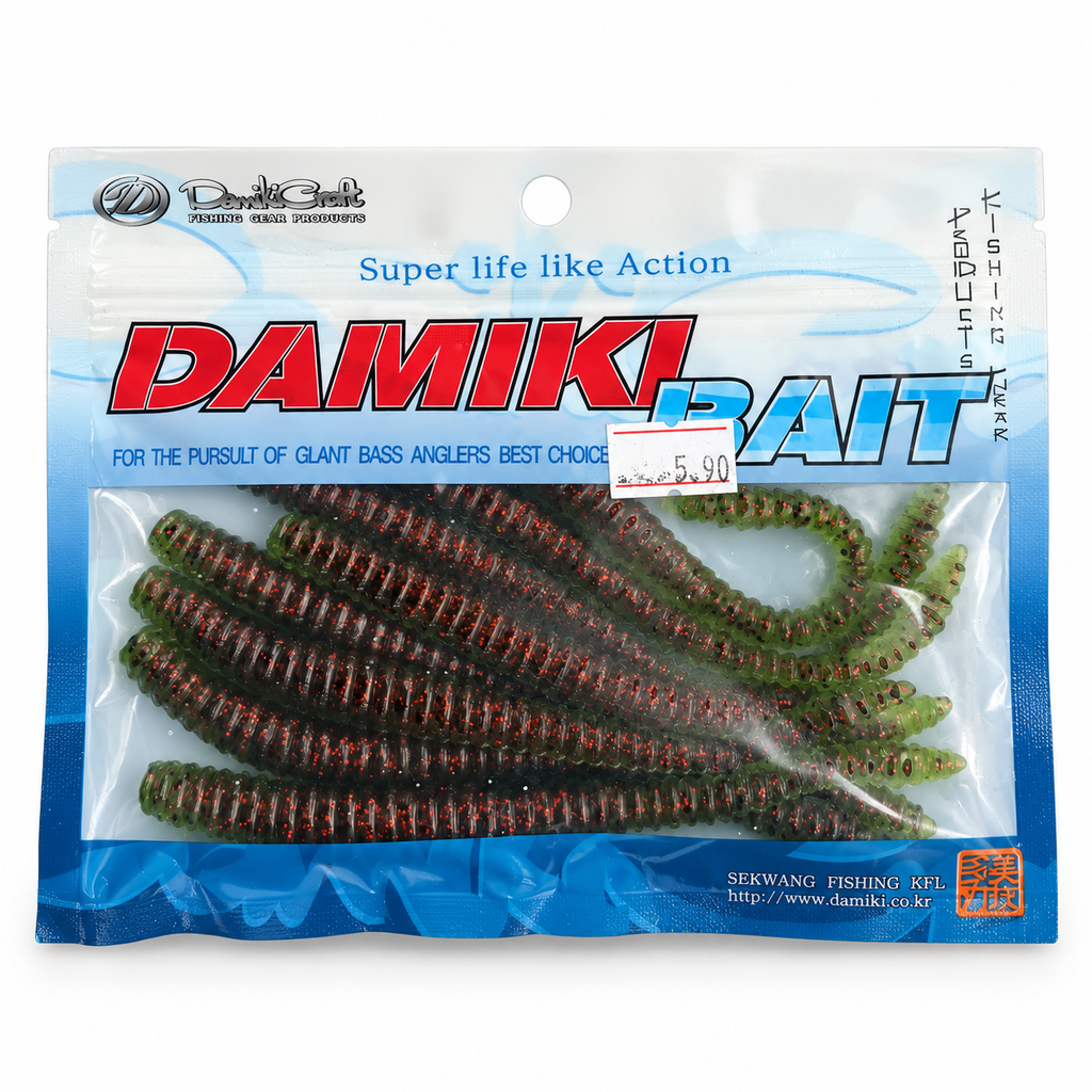 Damiki Bait anillado verde oscuro con brillo rojo sobre fondo blanco