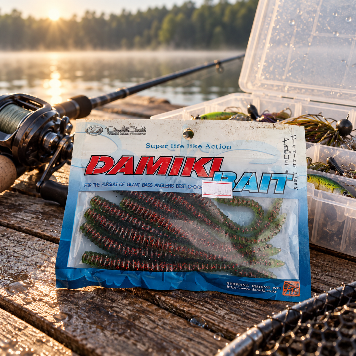 Damiki Bait anillado junto a equipo de pesca