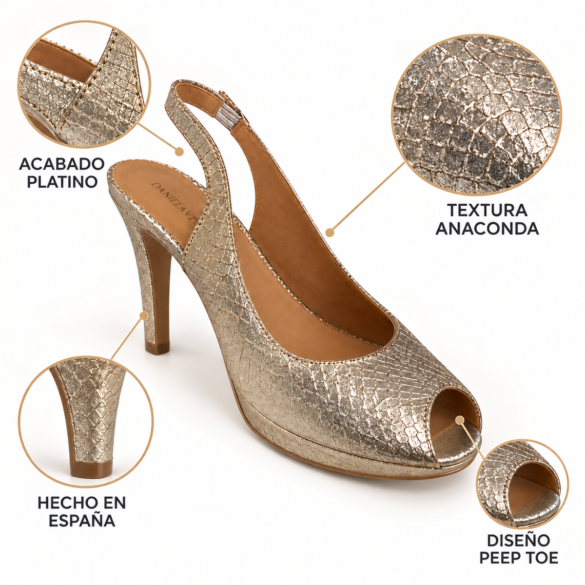 Características de los zapatos Daniela Vega 1615 Anaconda Satin Platino
