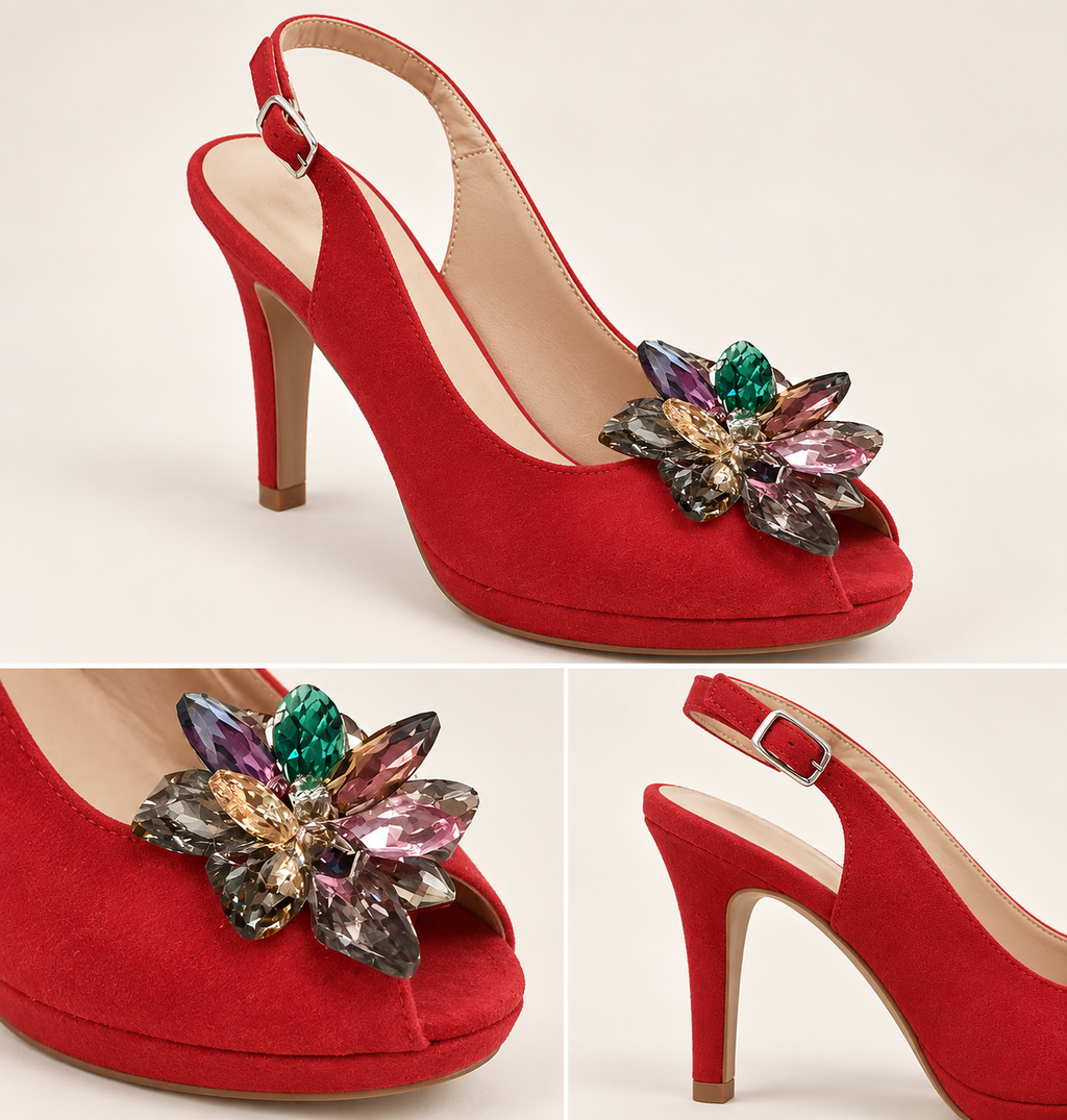 Detalles de los zapatos Daniela Vega 1617 Ante Rojo con pedrería