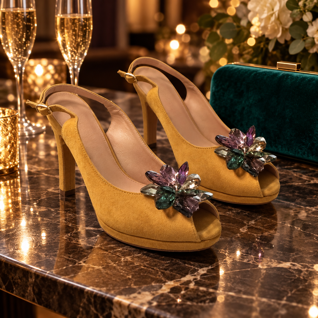 Zapatos Daniela Vega 1617 Ante Trigal en una escena elegante