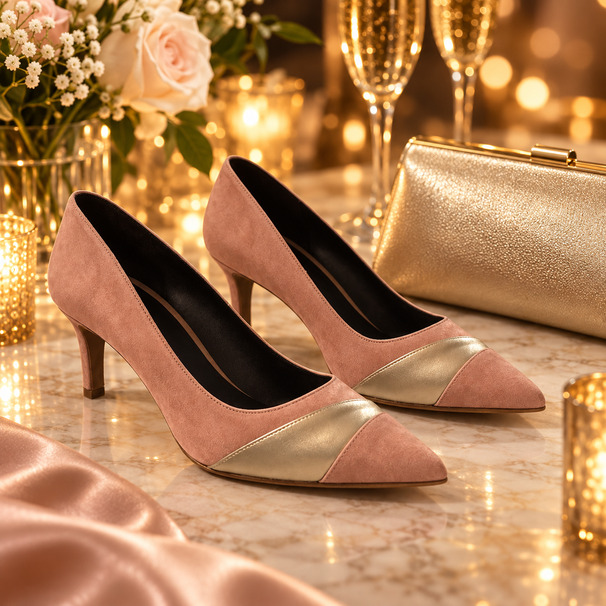 Zapatos Daniela Vega 1703TF rosa y dorado en una escena elegante