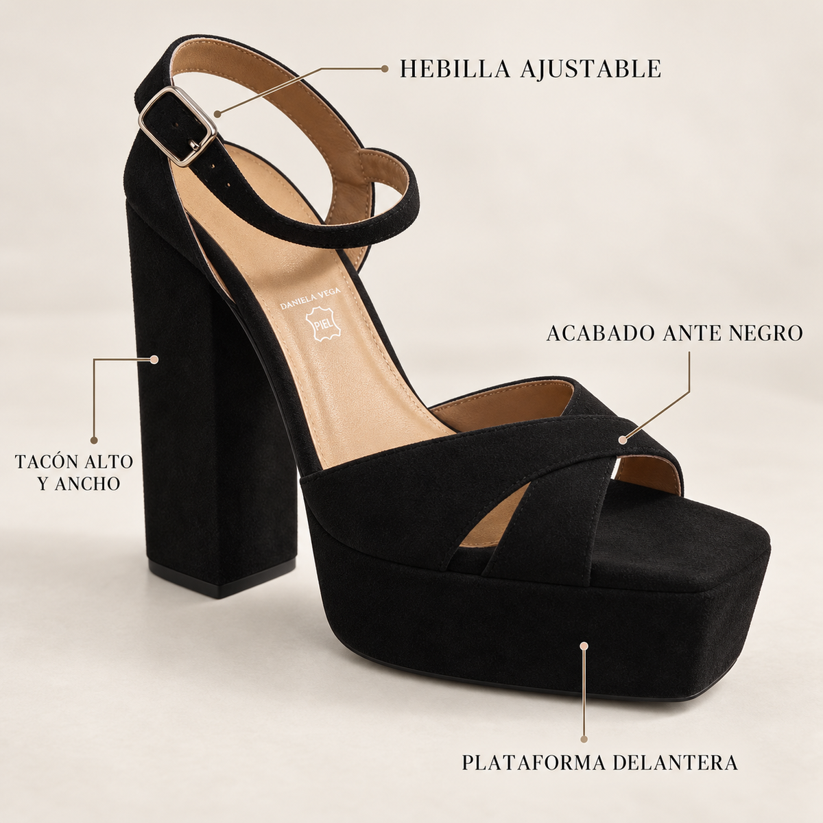 Características de las sandalias Daniela Vega 2305 Ante Negro
