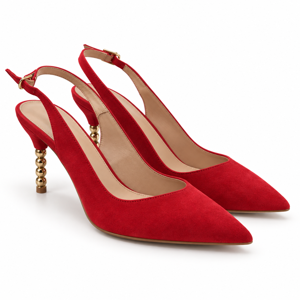 Zapatos rojos Daniela Vega D1068 con tacón joya sobre fondo blanco