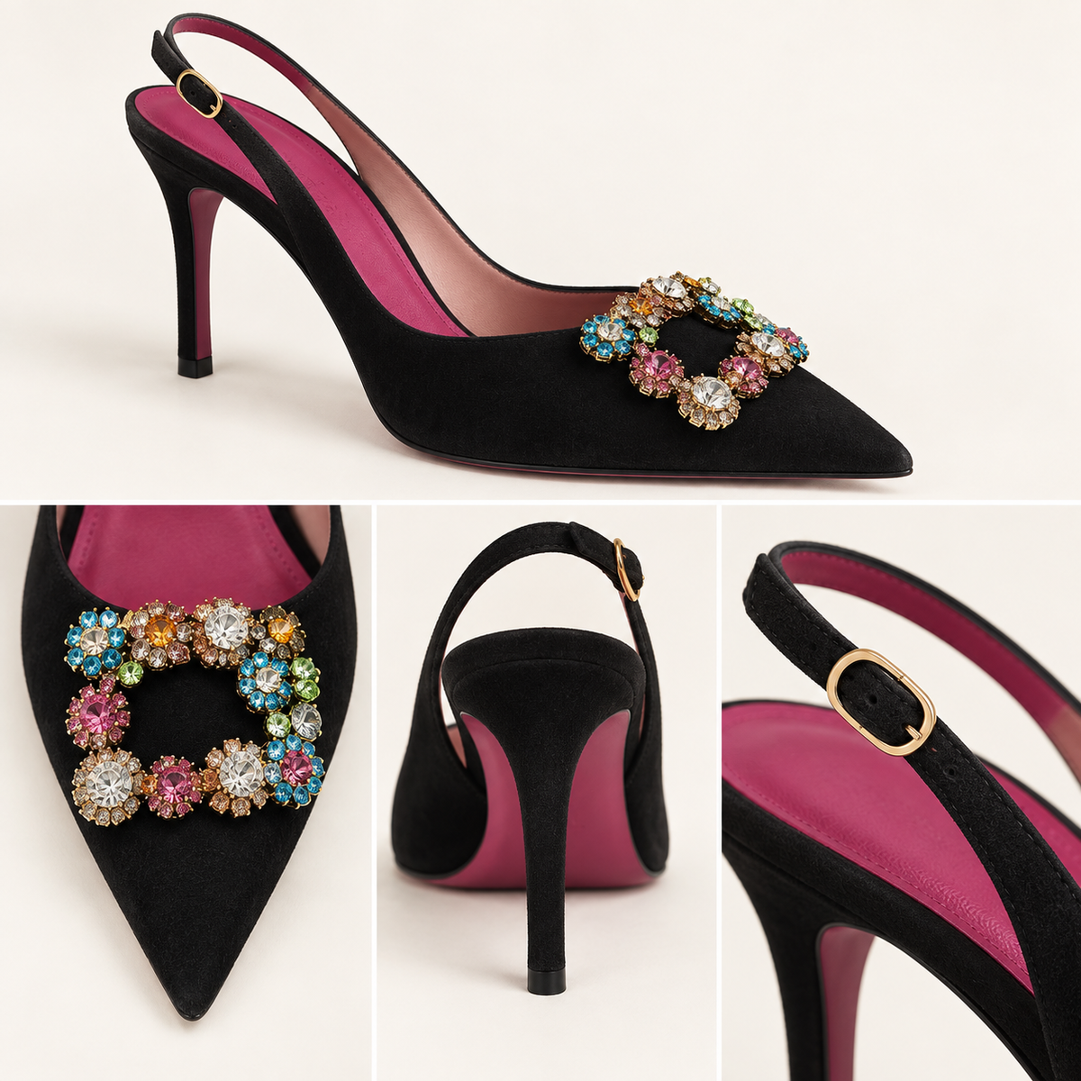 Detalles del ante negro, hebilla joya multicolor y forro fucsia del Daniela Vega S1534