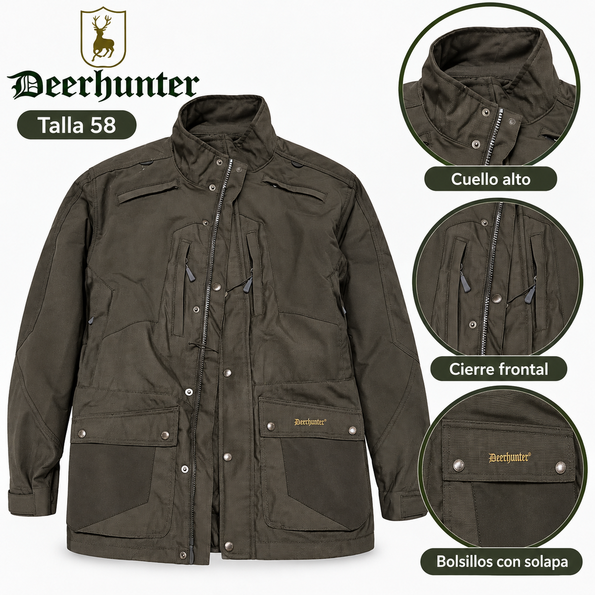 Chaqueta Deerhunter marrón oliva talla 58: cuello alto, cierre frontal y bolsillos con solapa