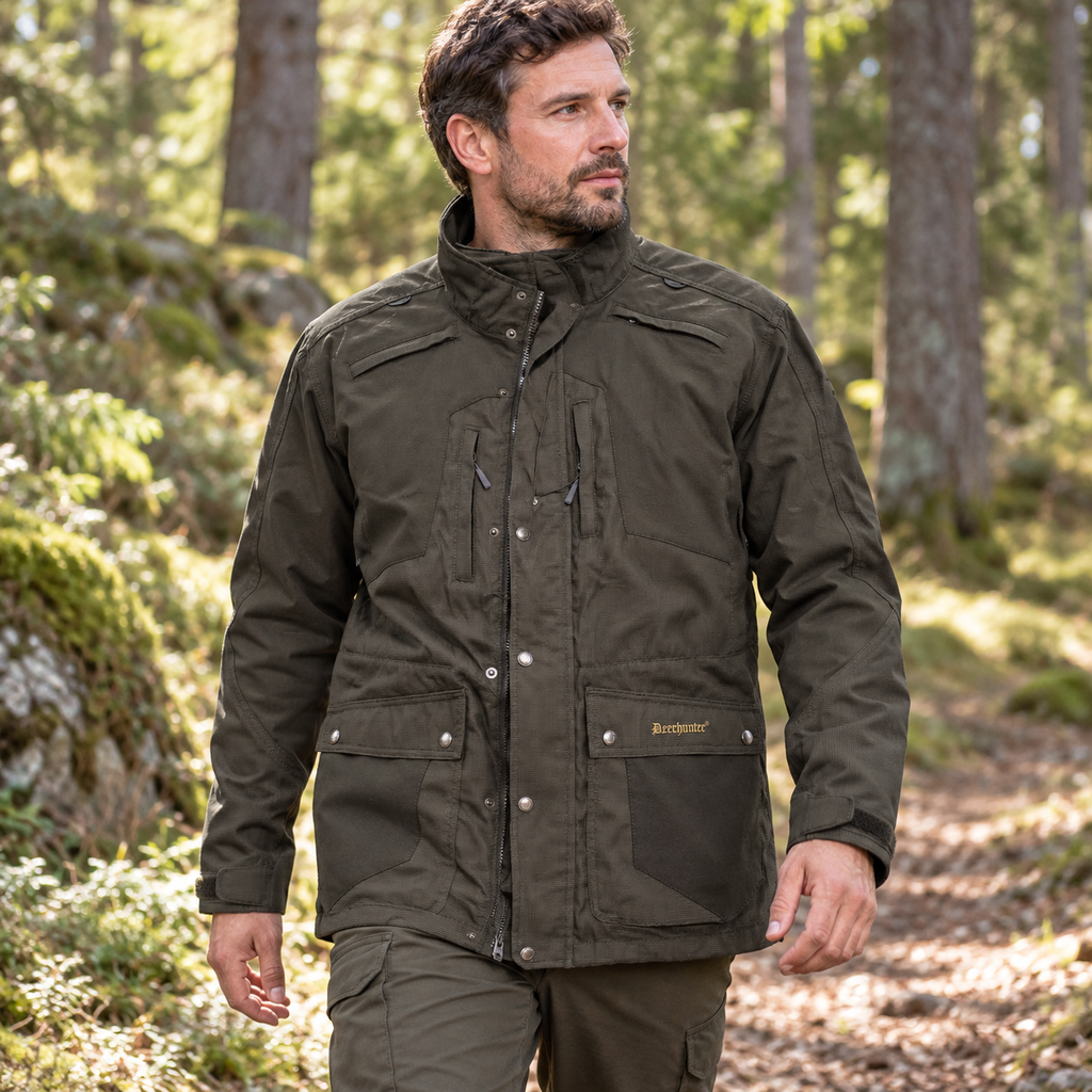 Chaqueta Deerhunter marrón oliva talla 58: prenda en uso durante un paseo por el bosque