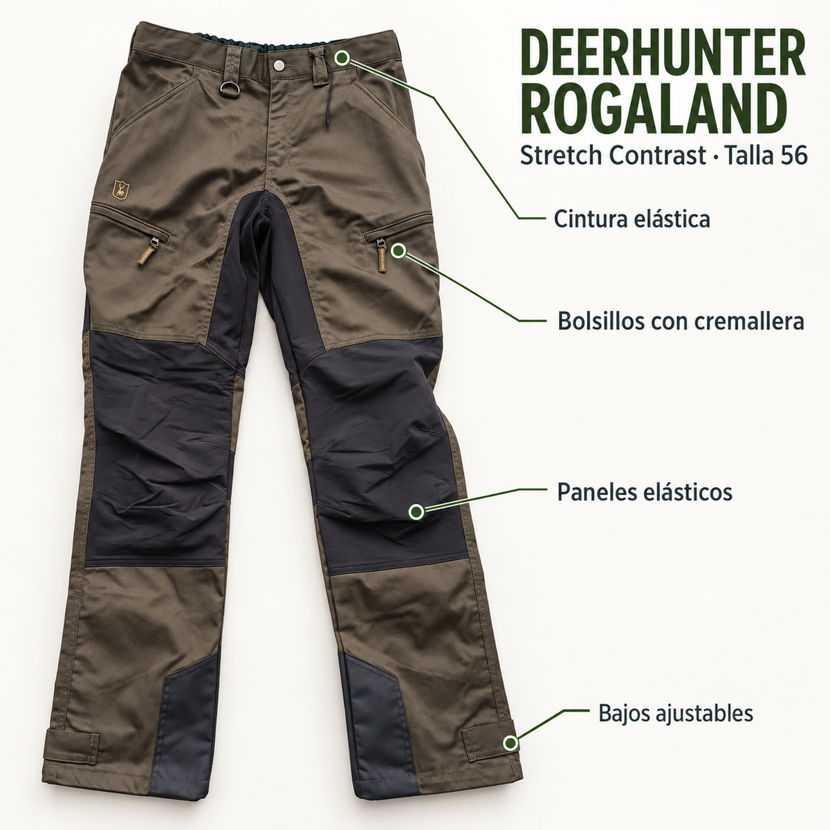Características del Deerhunter Rogaland: cintura elástica, bolsillos con cremallera, paneles elásticos y bajos ajustables