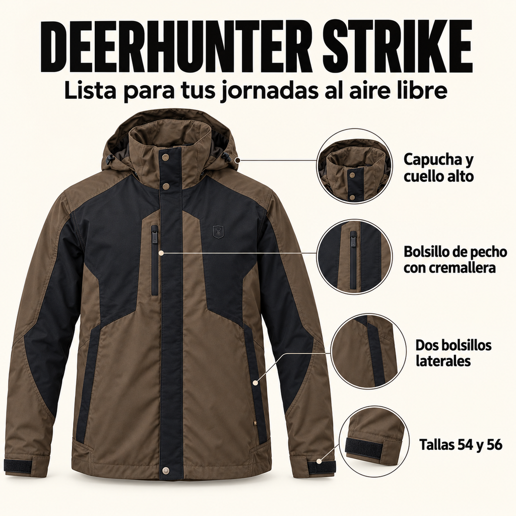 Características de la chaqueta Deerhunter Strike: capucha, cuello alto, bolsillos y tallas 54 y 56