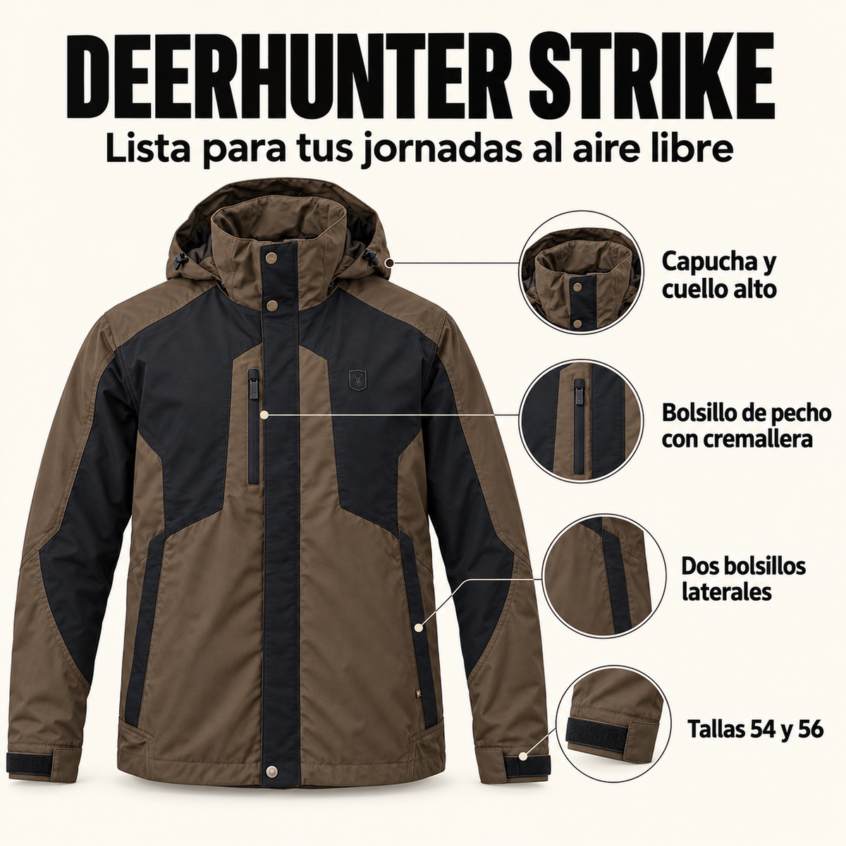 Características de la chaqueta Deerhunter Strike: capucha, cuello alto, bolsillos y tallas 54 y 56