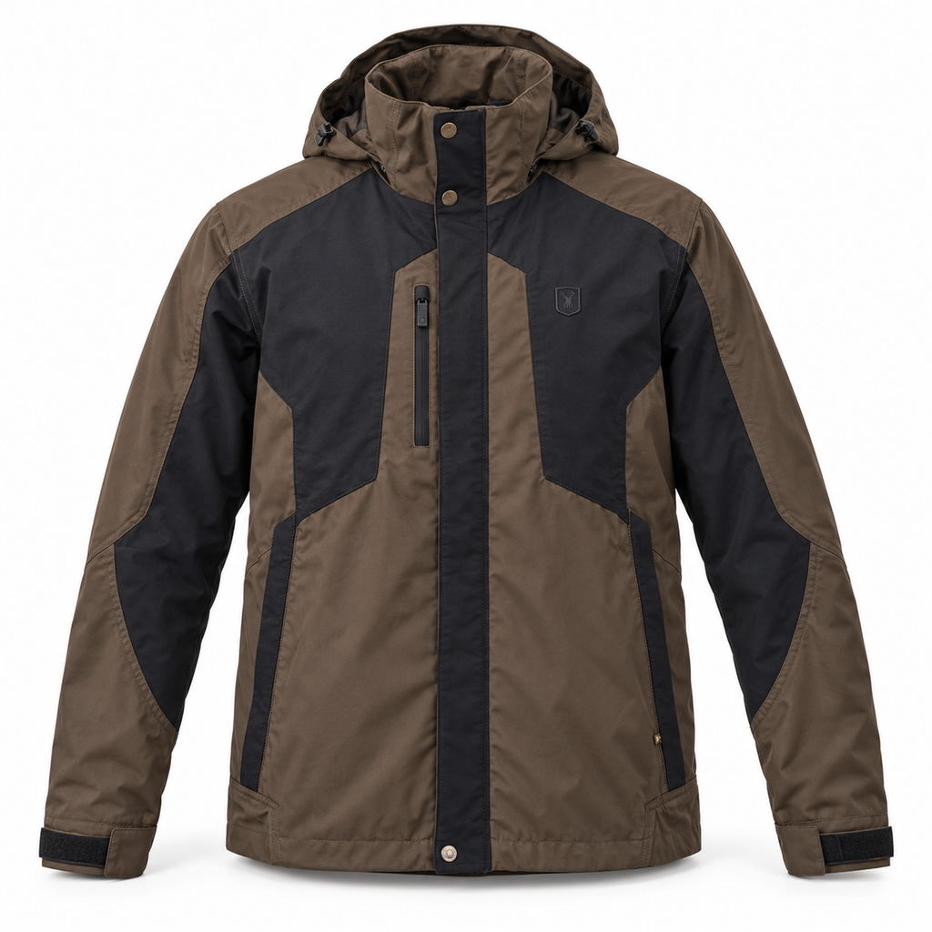 Chaqueta Deerhunter Strike Fallen Leaf marrón y negro sobre fondo blanco
